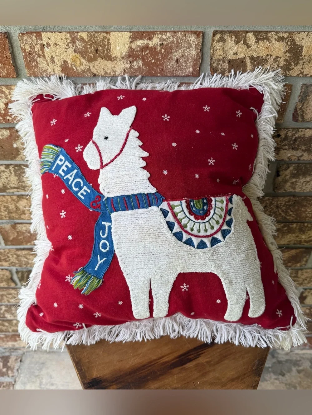 Pier 1 Christmas Pillow 17” X 17” Llama Peace Joy Beautiful Condition!